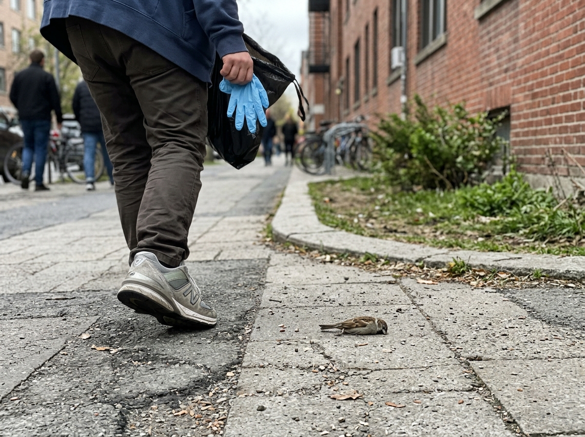 Stepping back from a dead bird while avoiding bare-handed contact