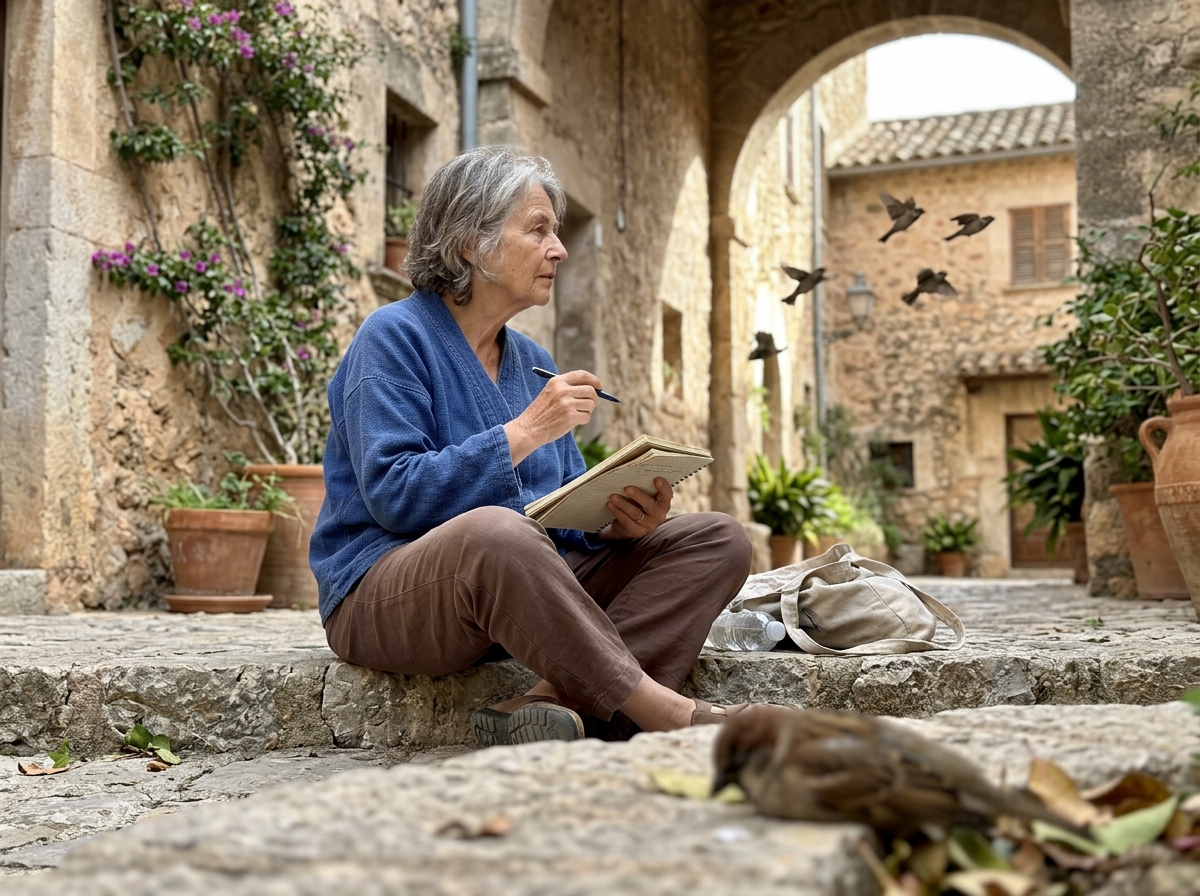 Historic-feeling scene of people reading omens with a notebook near birds on the ground