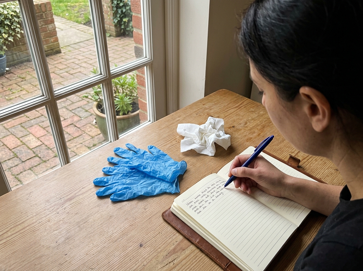 Journaling reflection beside a sidewalk scene after safe cleanup