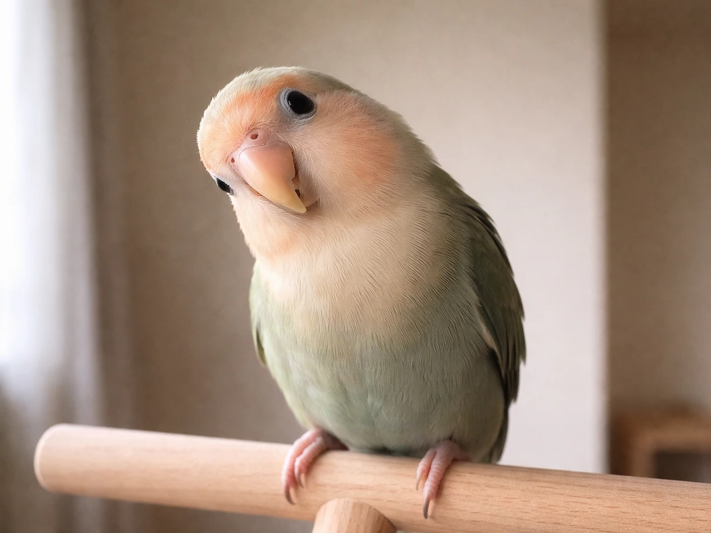 Close-up of a pet bird perched indoors, tilting its head sideways while looking toward the camera.