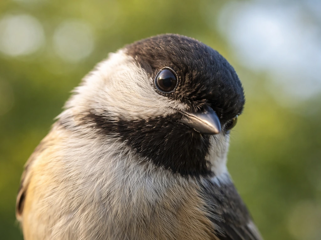 Close-up of a small bird’s head angled sideways, showing visible eye placement across the skull
