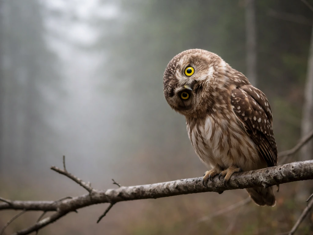 An owl perched on a branch tilts its head, eyes fixed as if tracking an off-camera sound.
