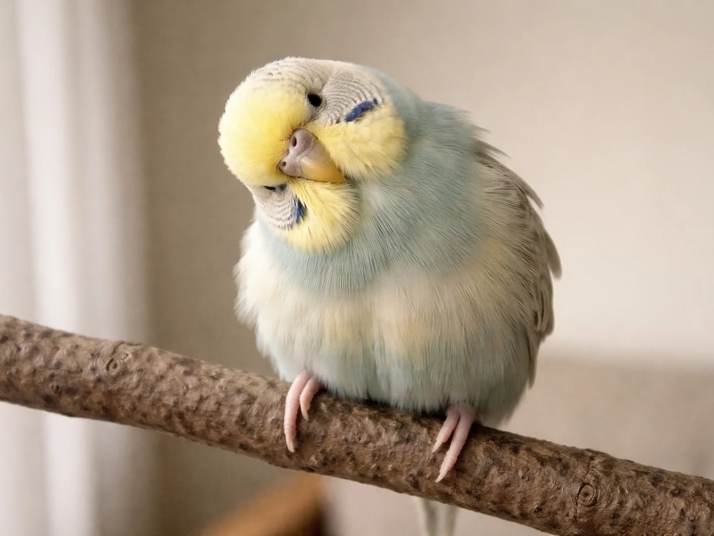 Small pet bird perched indoors with puffed feathers and a sideways look indicating distress