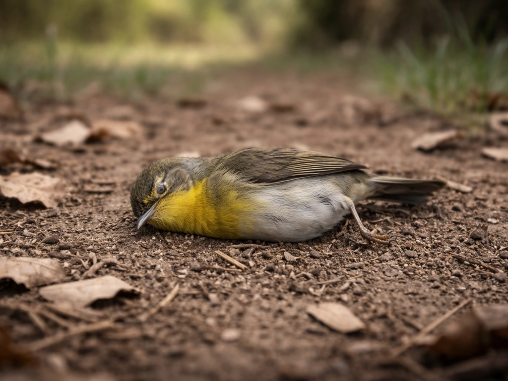 Close-up of a small dead bird on the ground among dry leaves and dirt, with a softly blurred natural background.