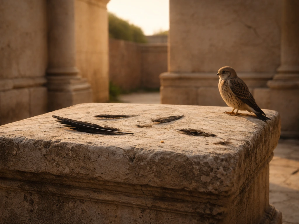 Roman-style stone altar in warm light with a few dark feathers and a perched bird omen mood
