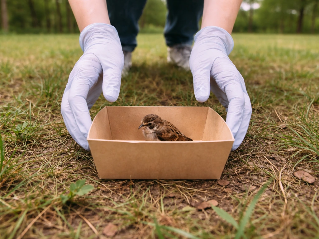 Gloved hands gently placing a bird into a paper container outdoors, then stepping back to create distance.