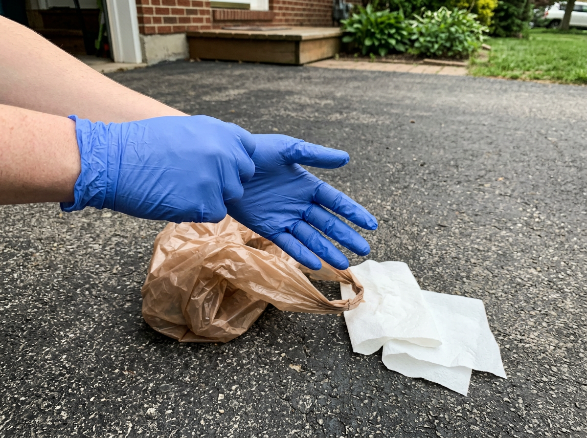 Disposable waterproof gloves and plastic bag ready for safe dead bird cleanup