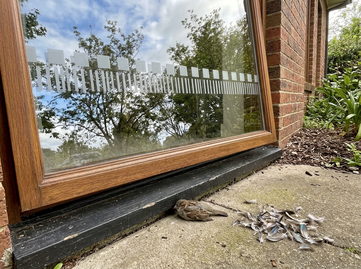Bird collision against a window with visible reflections and impacts