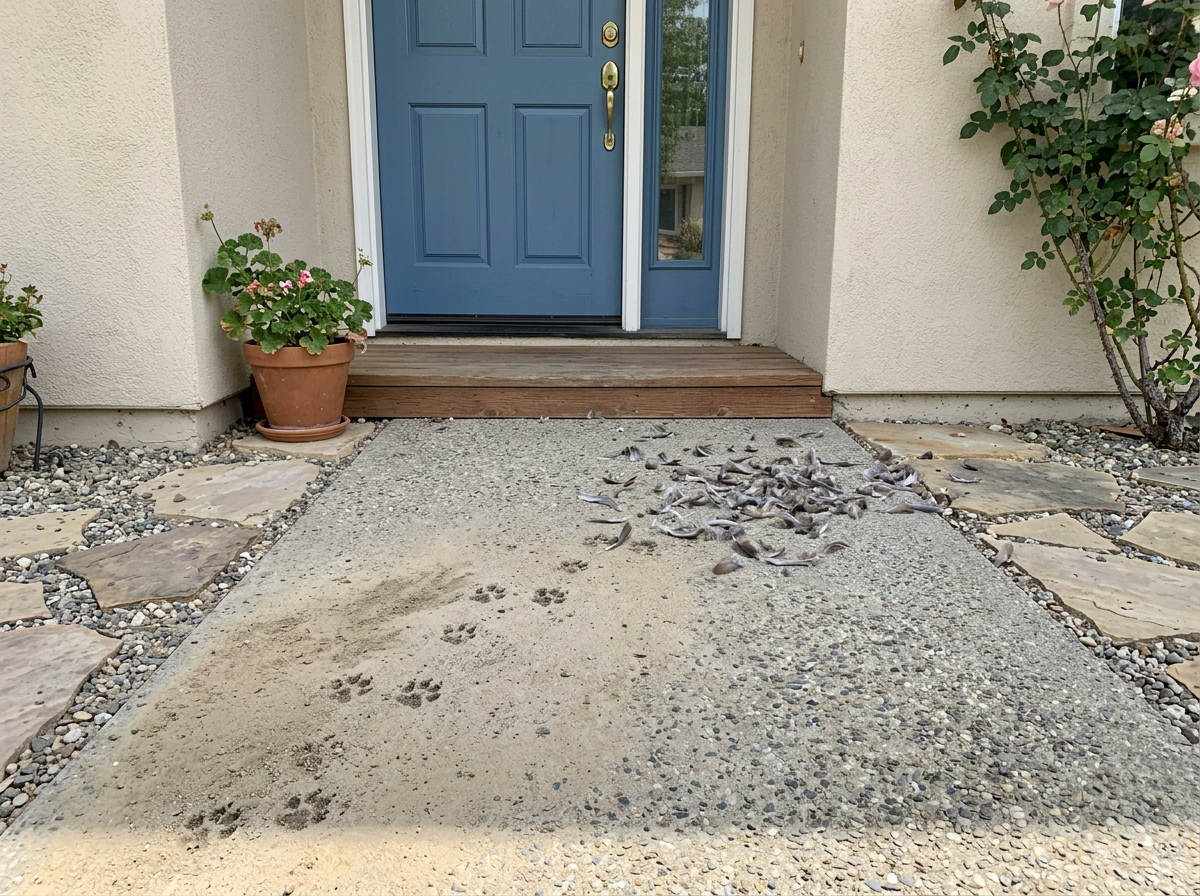Predators near a home: cat paw prints by the entry