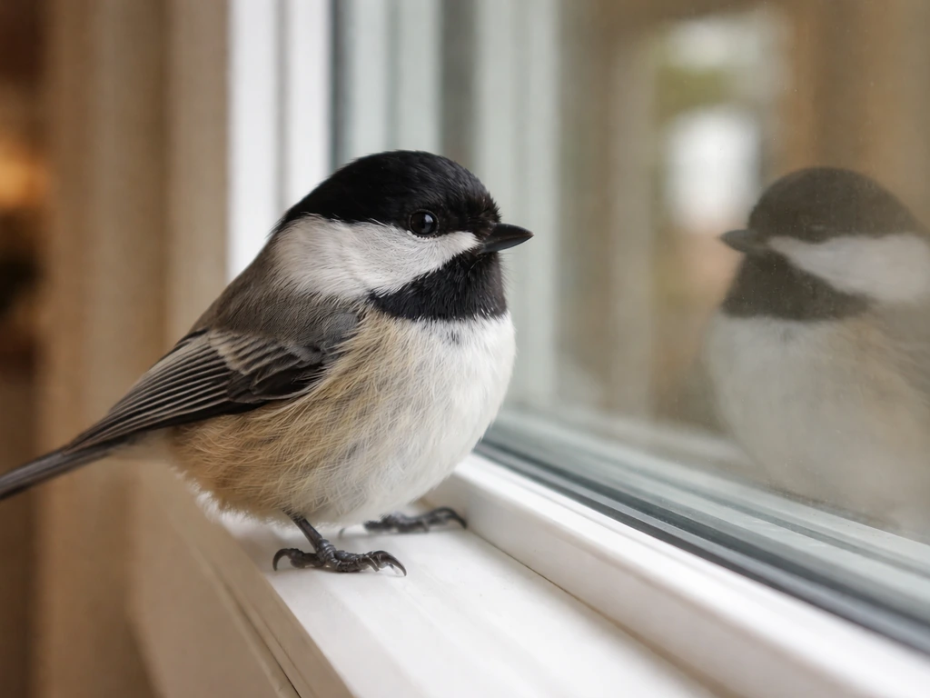 Small bird perched by a home's window, with visible glass reflections showing why it approaches indoors.