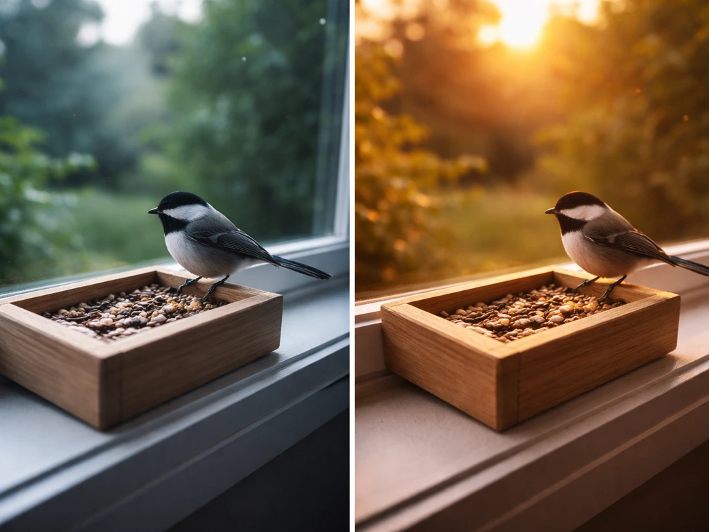 Small bird landing on the same window feeder in shifting morning-to-evening light.