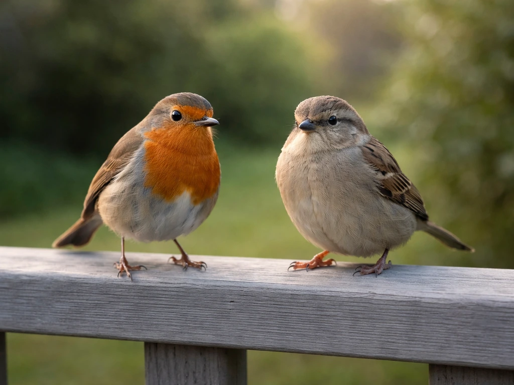 A robin and a sparrow perched side-by-side on a wooden railing, softly lit outdoors.