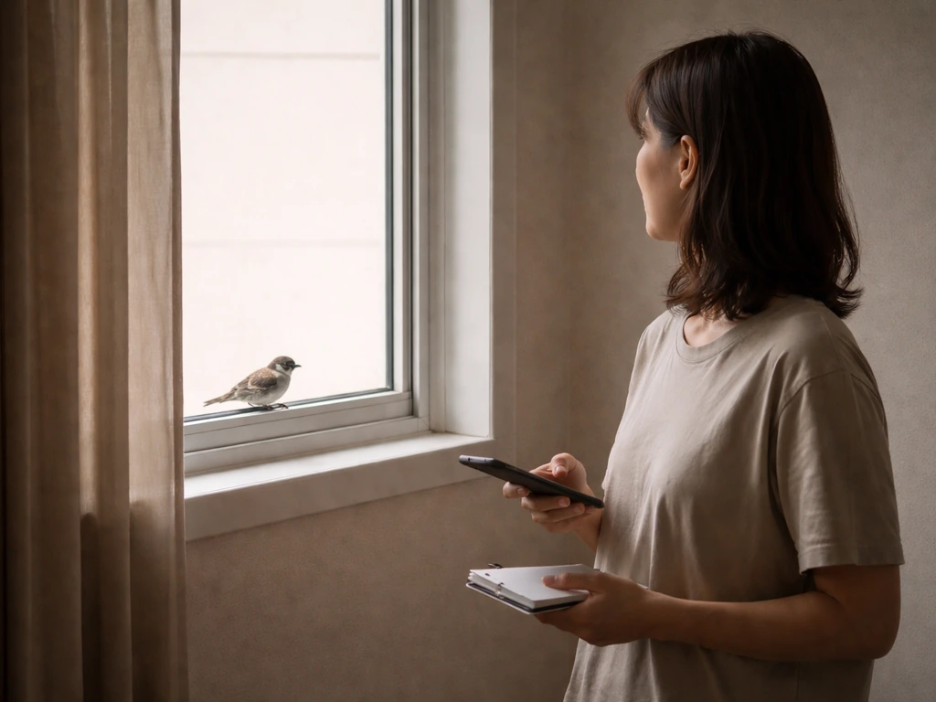 Person indoors calmly observing a bird outside a closed window with phone and notepad.