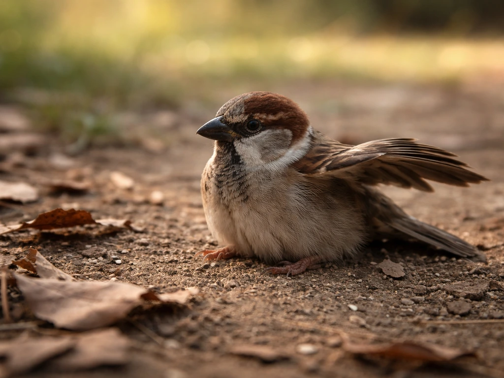 Injured small bird resting on the ground with a slightly raised wing in soft daylight