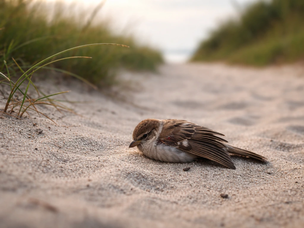 Wounded small bird on sandy ground at a quiet path, wing slightly injured, hopeful yet disrupted atmosphere.