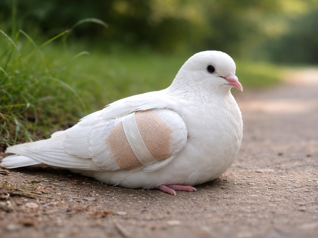 Injured white dove with a visible bandaged wing on a quiet outdoor path, symbolizing peace and harm.