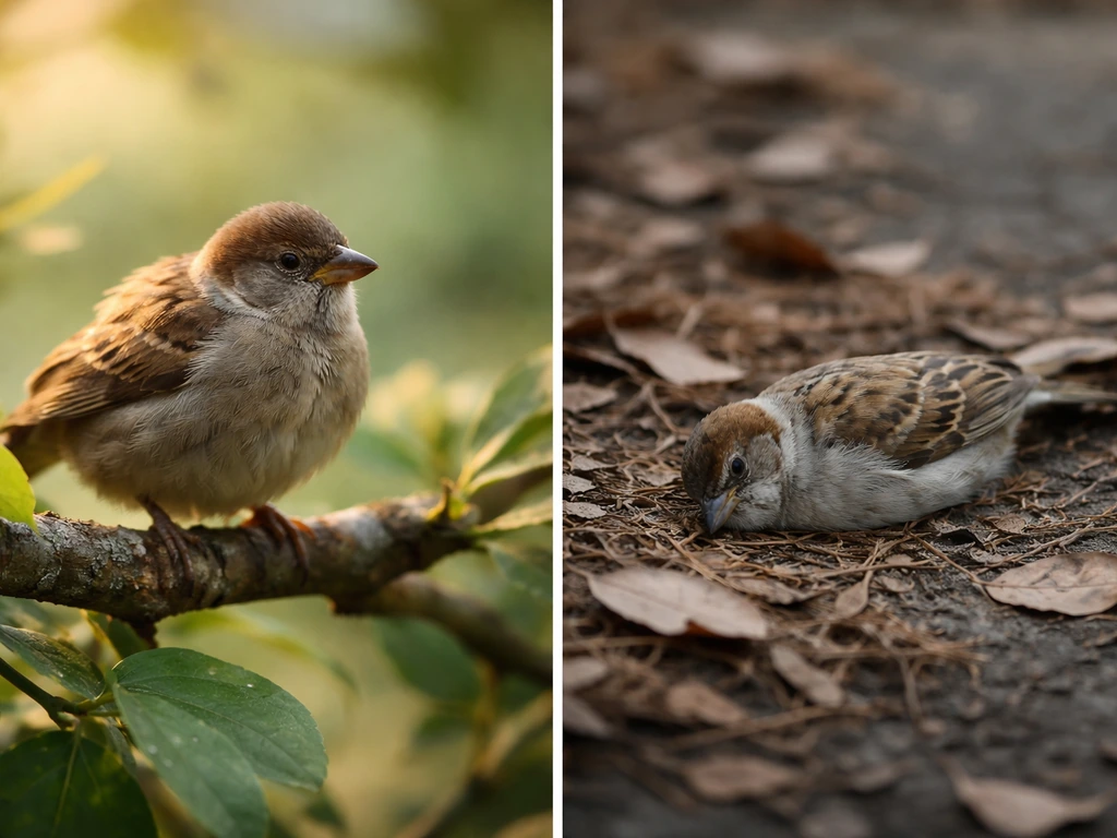 Two simple scenes side by side: one bird perched and recovering, another motionless on the ground.