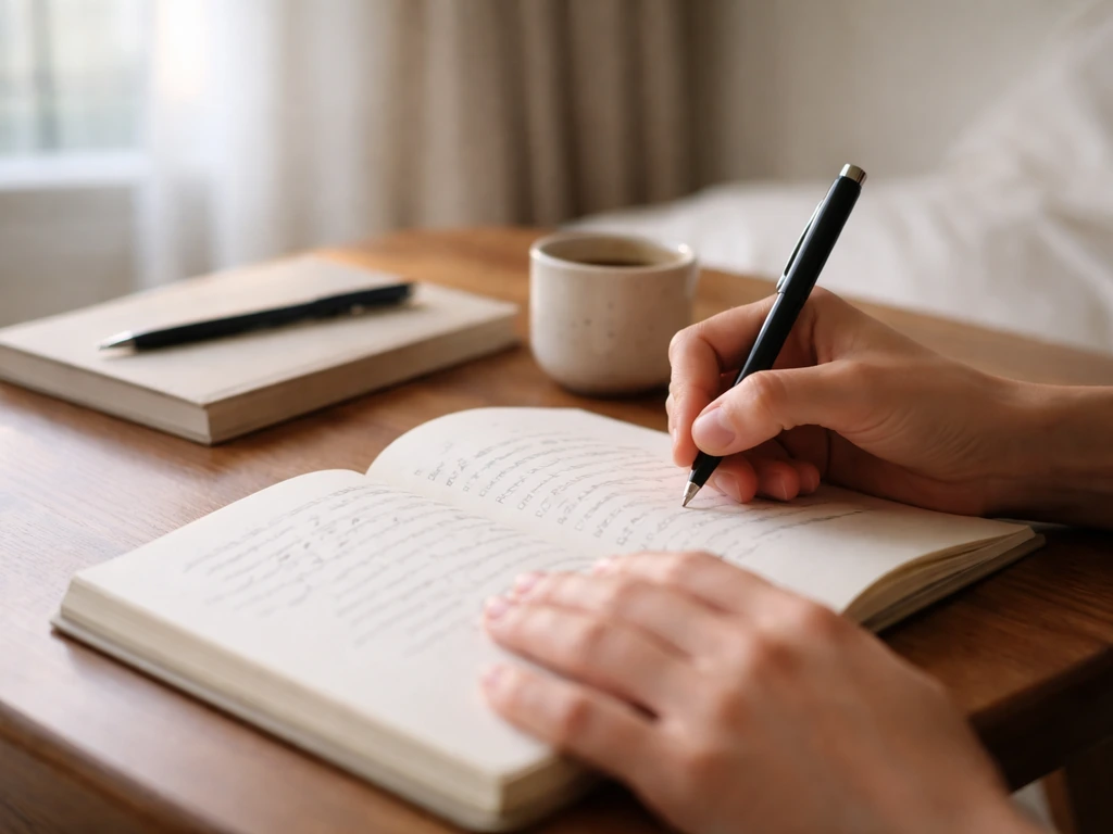 Hands writing in a journal by a window in soft morning light, with a pen and cup nearby.