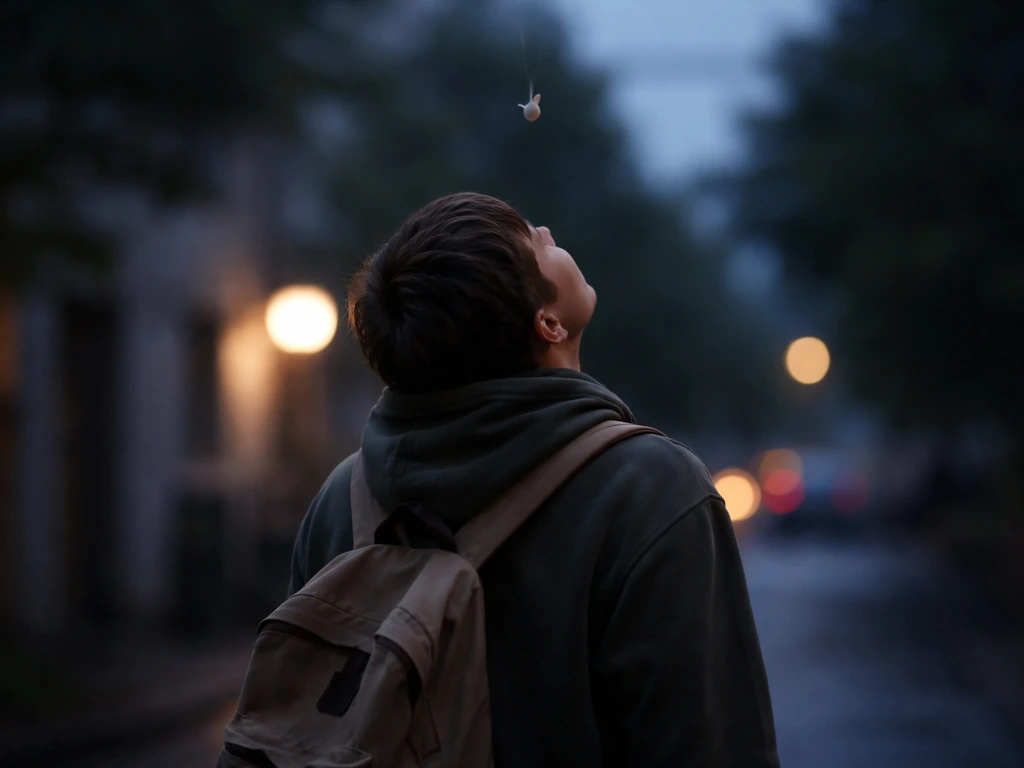 Person outdoors looking up as a bird dropping falls nearby, dramatic moody moment