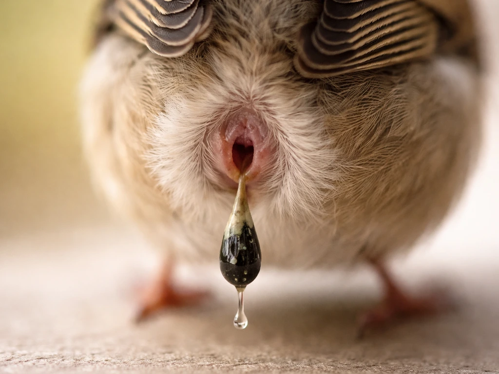 Macro close-up of a bird’s cloaca area with waste droplet coming from the vent, not directed pee.