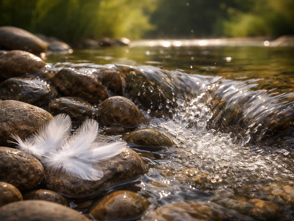 Sunlit stream over smooth stones with a few white feathers, suggesting cleansing and unexpected blessing