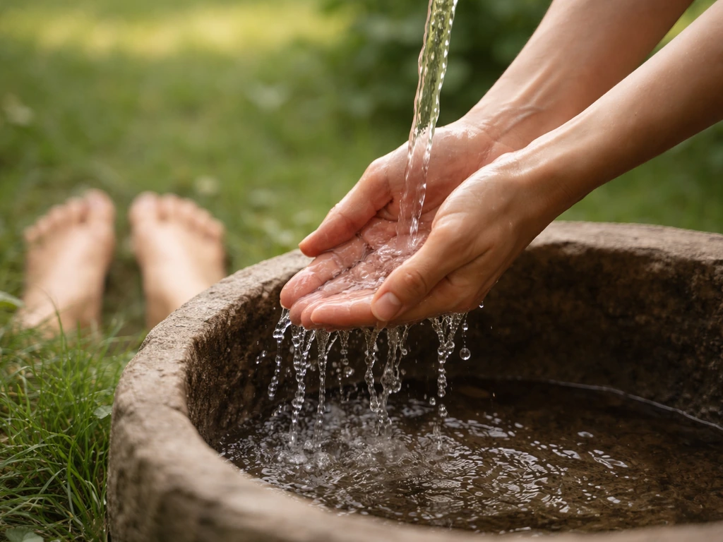 Hands washing in clean water while bare feet rest on fresh grass, symbolizing cleansing and reset.
