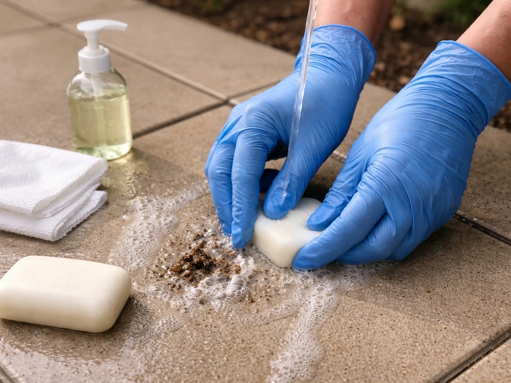 Gloved hands rinsing and scrubbing a small spot on patio tile with water and soap, tissue nearby.