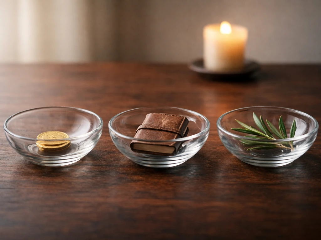 Minimal split view of three symbolic fortune-themed icons in warm, neutral tones