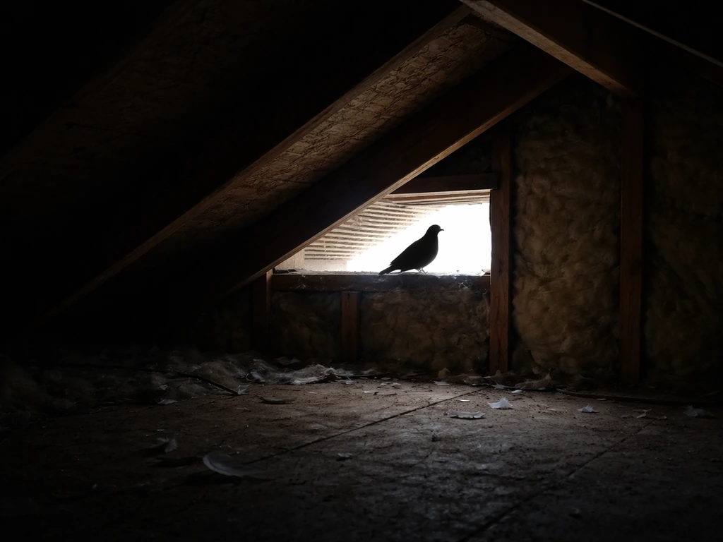 Dim attic interior with an open vent opening and a bird silhouette near the access point.
