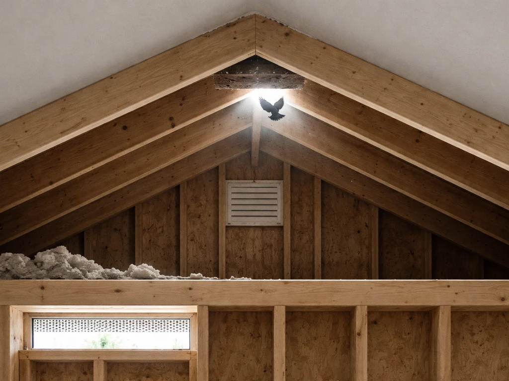 Minimal cross-section-style attic opening with soffit and gable vents and a bird silhouette entering