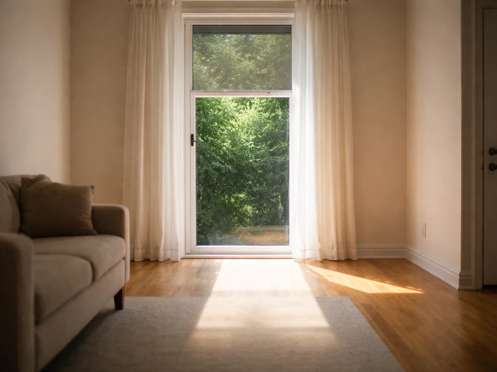 Calm indoor bird exit setup with an open window and clear lit path toward daylight