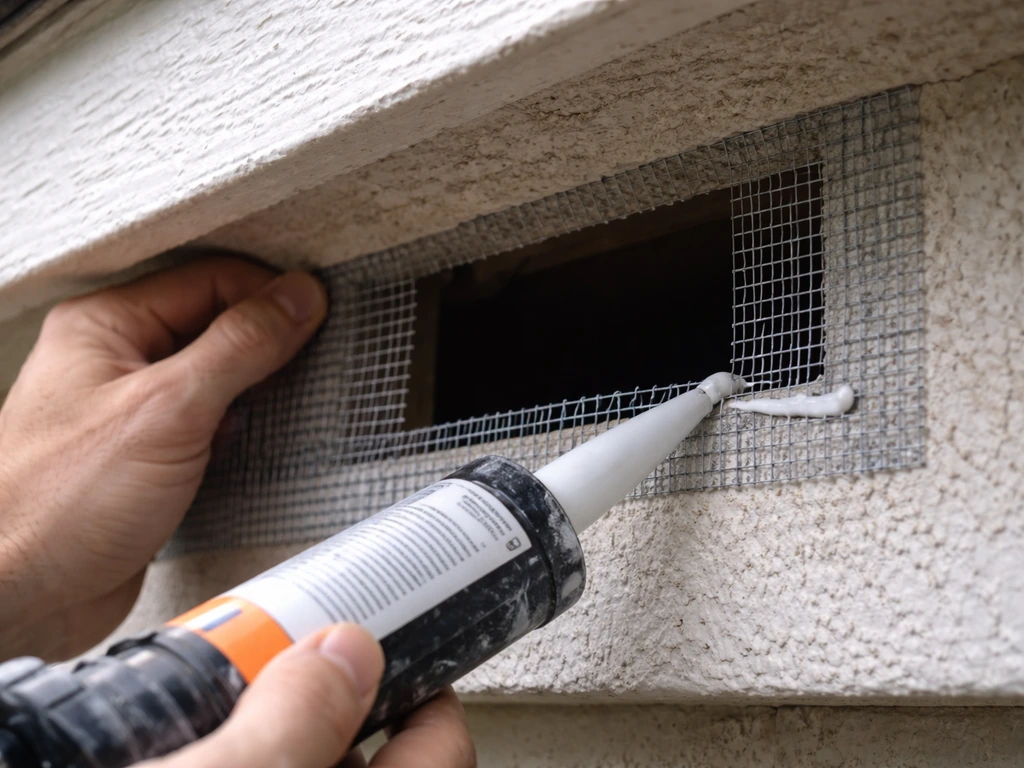 Close-up of hardware cloth and sealant sealing an attic vent gap to keep birds out.