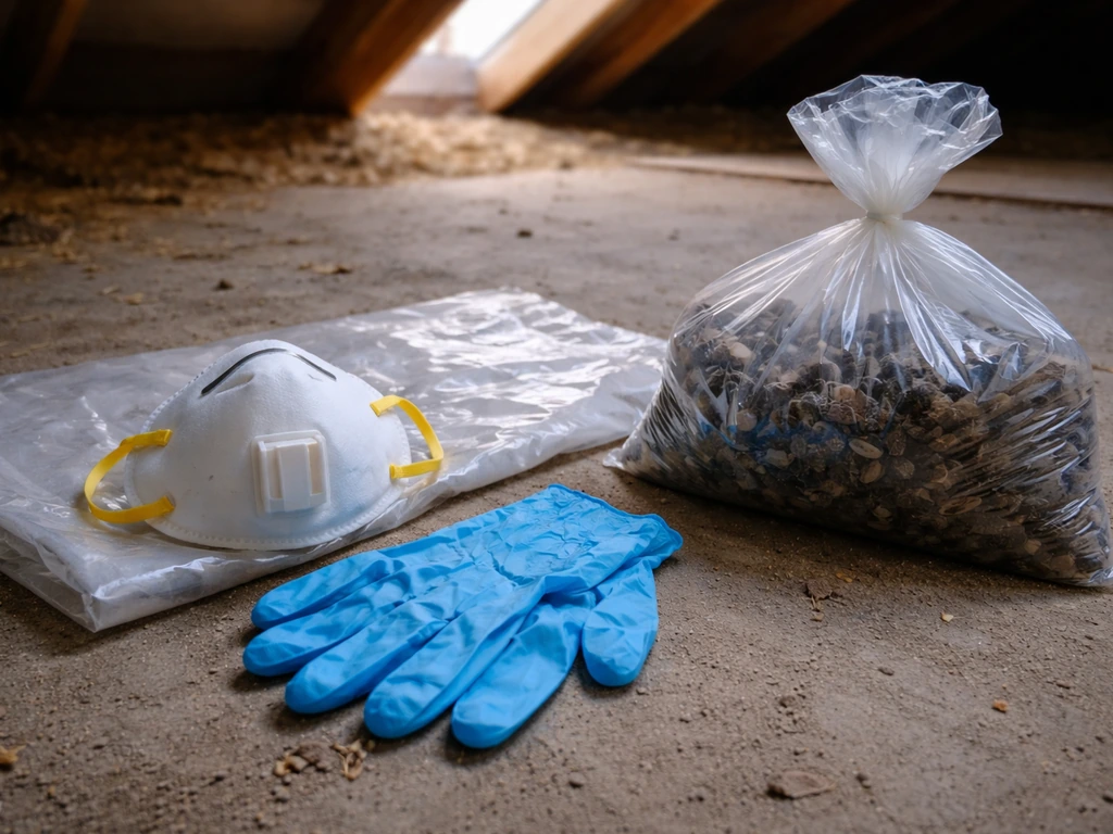 N95 respirator, gloves, and a sealed waste bag prepared for safe attic droppings cleanup.
