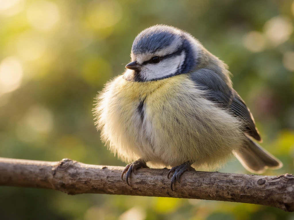 A small backyard bird fluffed up on a perch, feathers raised, in soft natural light.