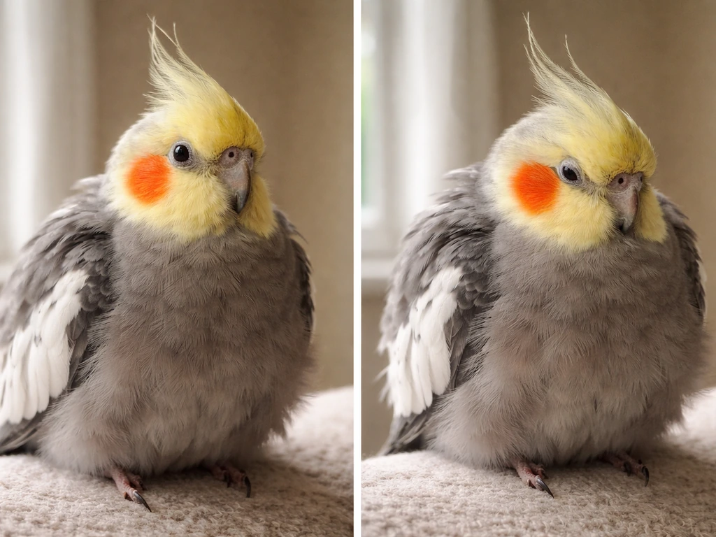Two small birds perched side-by-side: one fluffed but alert, the other fluffed and sluggish.