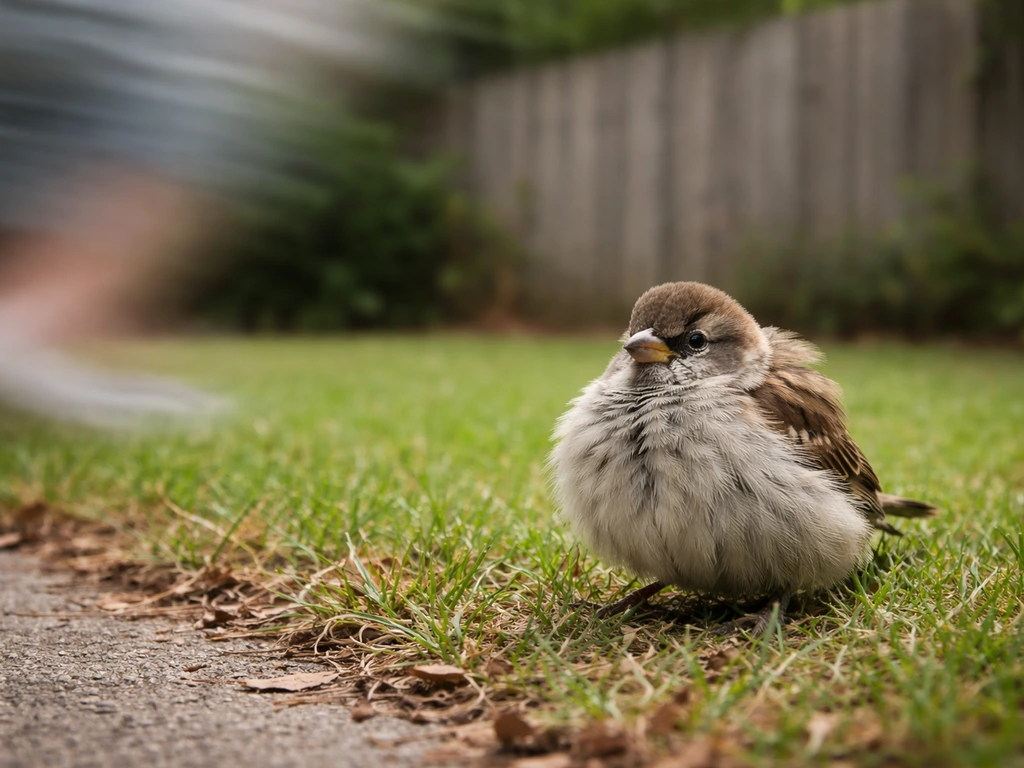 A startled wild bird at the yard edge, puffed feathers, with subtle motion blur nearby.