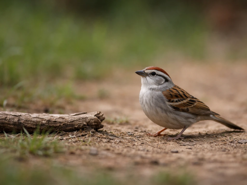 A small wild bird perched calmly outdoors, observed from several feet away against a simple natural background