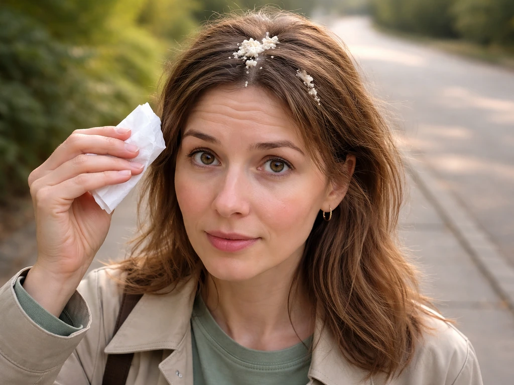 Adult outdoors with bird droppings on the top of their head, holding tissues for careful cleanup.