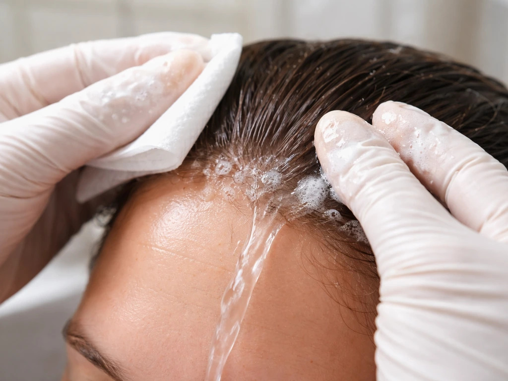 Gloved hands rinsing bird droppings from hair and skin with running water and paper towels nearby