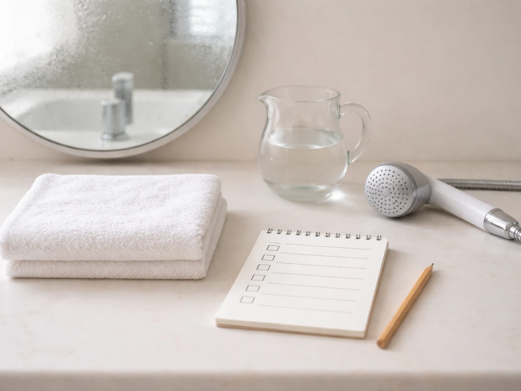 Clean bedside vanity with towel, water for rinsing, and blank checkboxes beside a mirror.