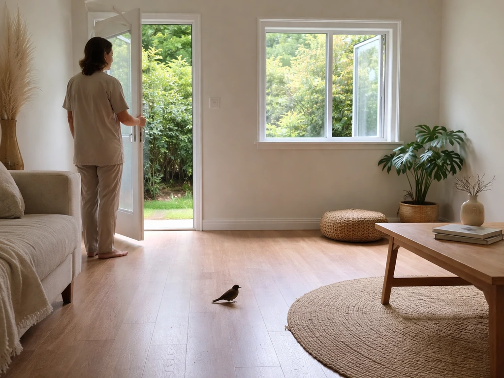 Caregiver keeps distance from a small bird while opening one door and one window for it to escape.