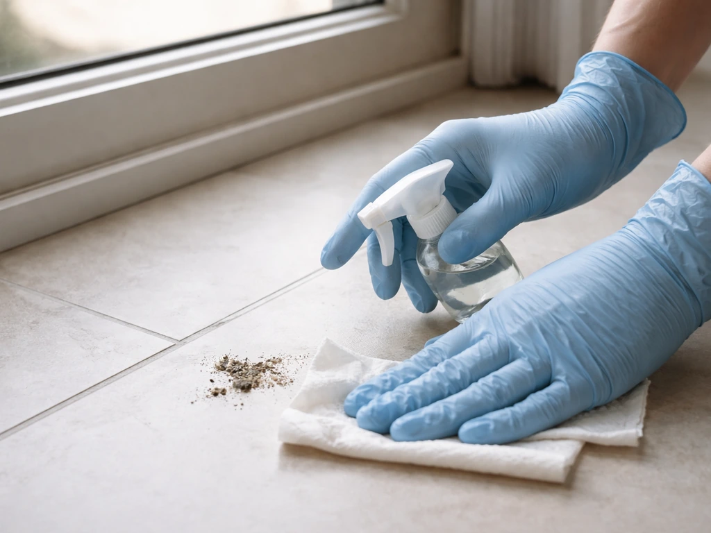 Gloved hands wiping a small bird droppings area with disinfectant near a window