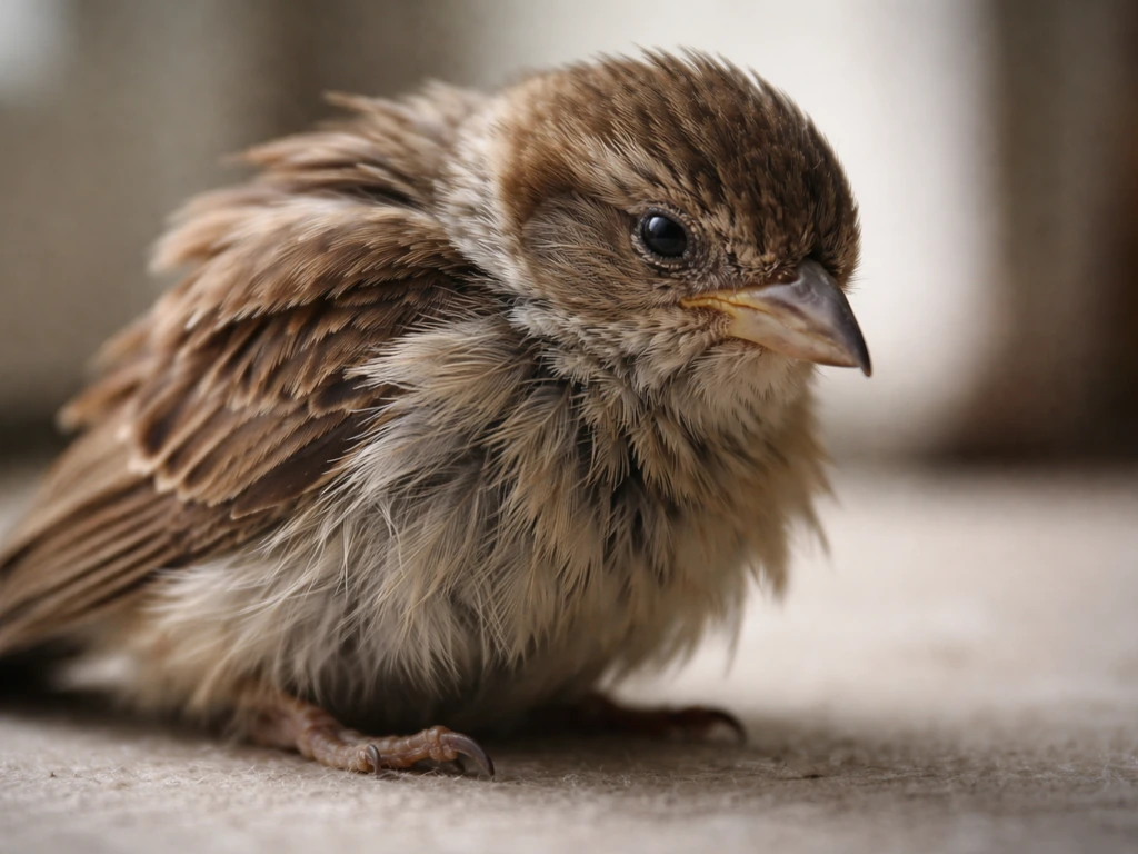 Close-up of a distressed small bird with ruffled feathers and a tired, darkened eye.