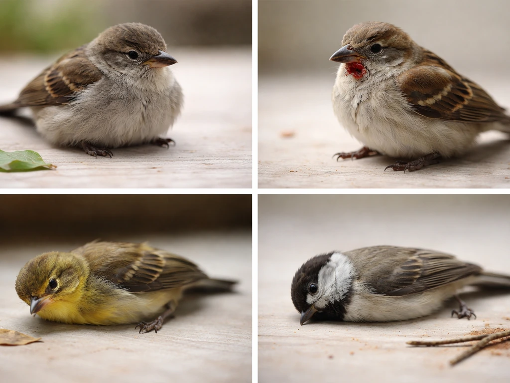 Four small birds in separate simple scenes showing different levels of distress from listless to dead.