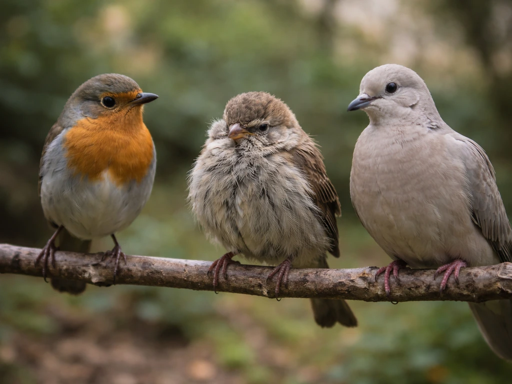 A sick sparrow perched on a twig, with a robin and dove nearby in a softly blurred outdoor setting.