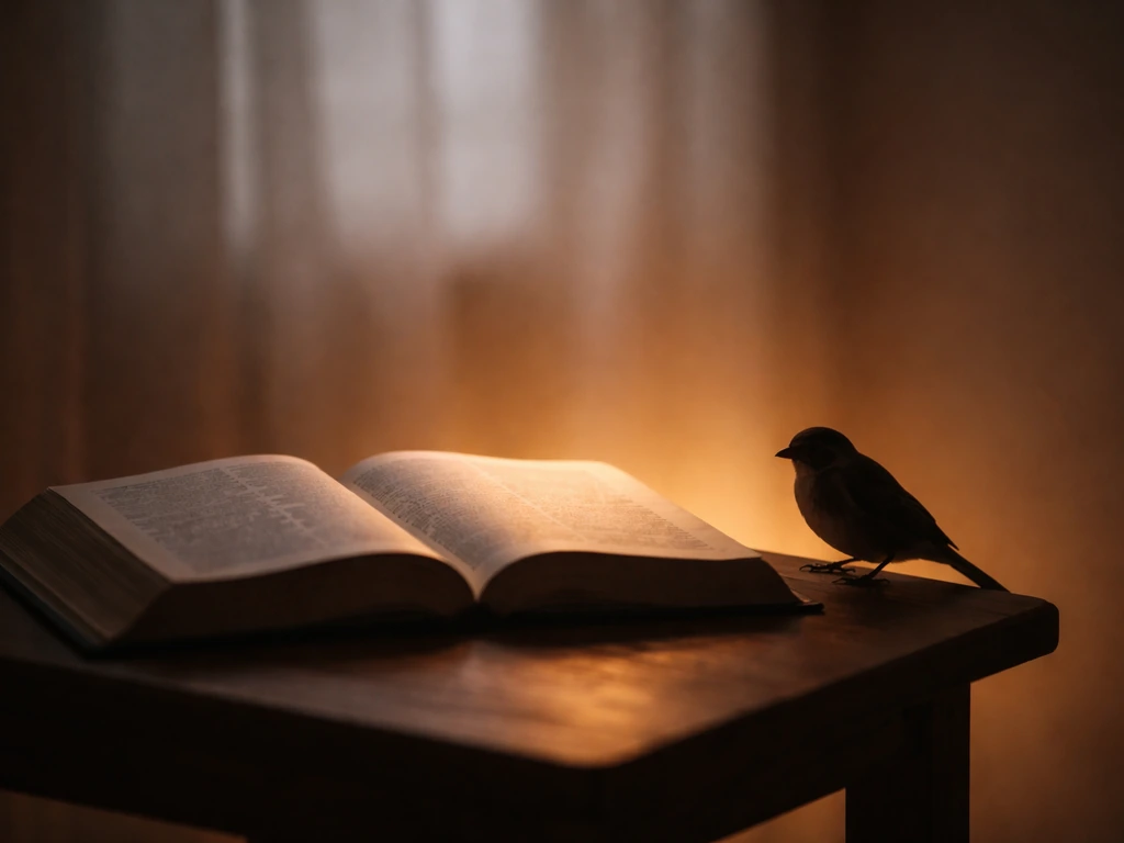 Silhouette of a bird near an open Bible and soft prayer journal glow in a quiet room