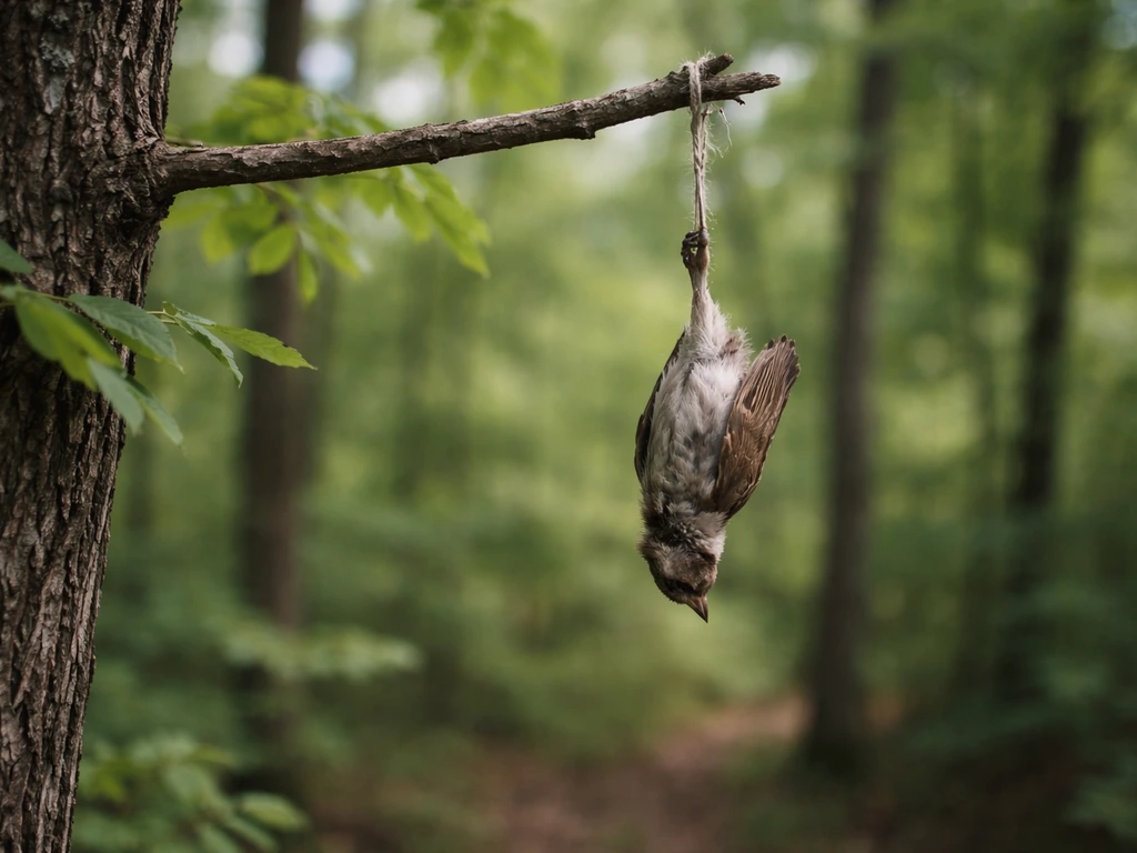 A dead bird hanging from a tree branch in natural daylight