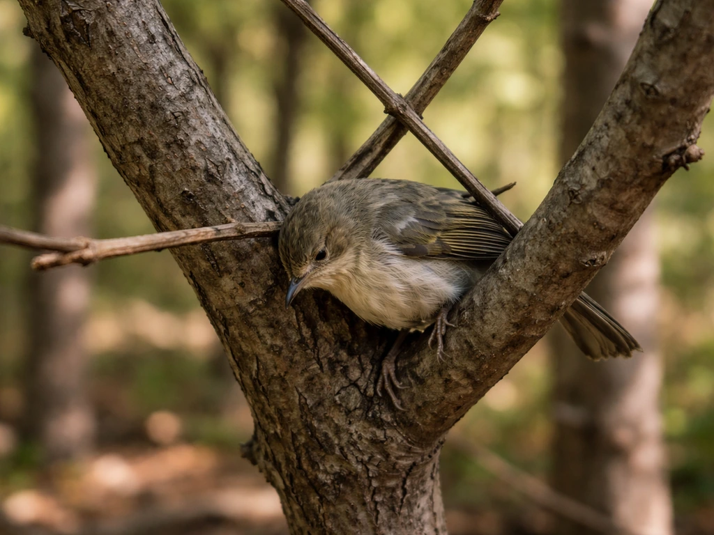 Small bird carcass wedged among tree branches under dappled light, minimal realistic scene.