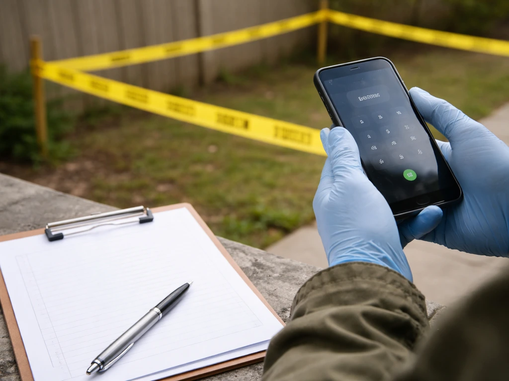 Gloved hands dialing wildlife/animal control while a clipboard sits beside caution tape around an outdoor area.