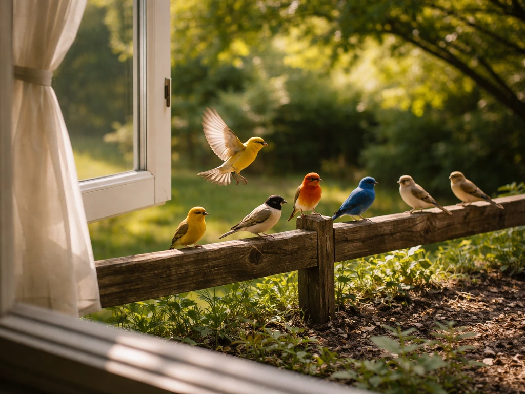 Small songbirds perched on a yard fence and near a home window, as if they just suddenly arrived.